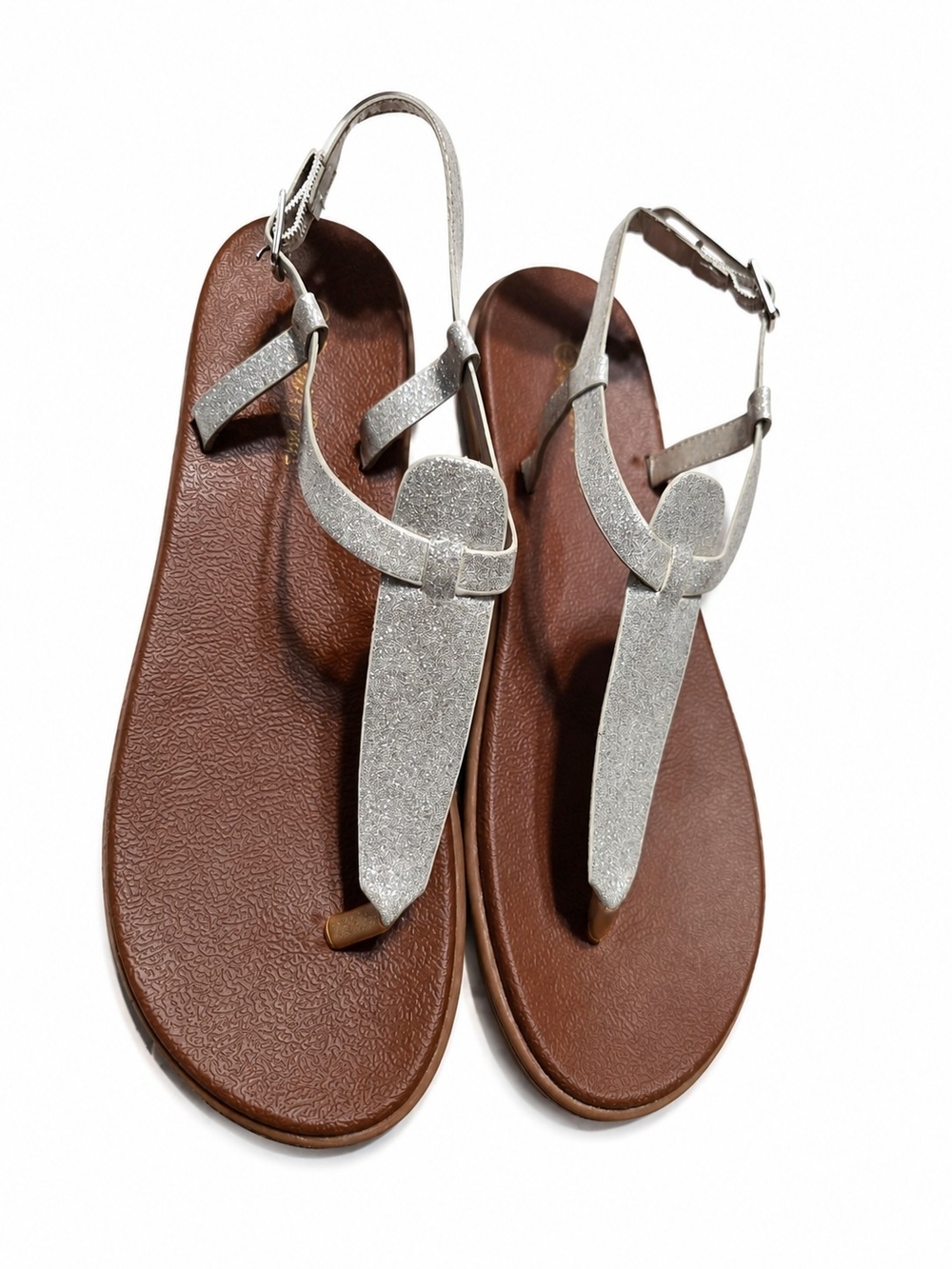 Dream Pairs Silver T-Strap Sandals with Brown Footbed